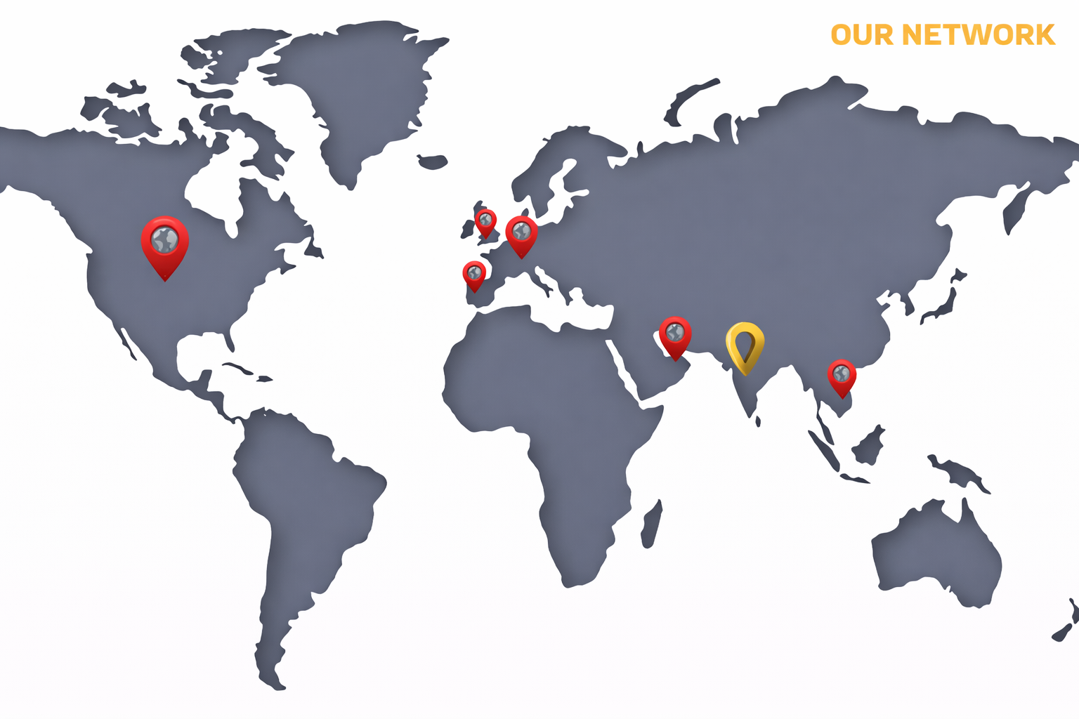 RAGHUVEER GLOBAL Global Network Map showing presence in India, USA, UAE, Vietnam, Europe (Italy, Spain), and UK